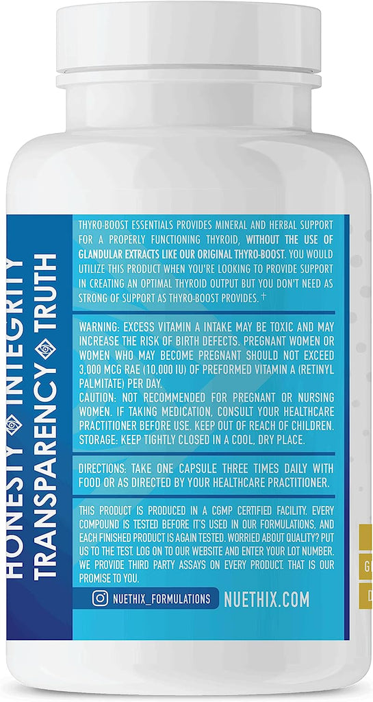 NuEthix Formulations Thyro-Boost Essentials Supplement Directions and Transparency