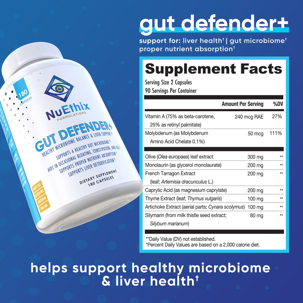 Advertisement of NuEthix Formulations Gut Defender+ bottle and supplement facts. Support for liver health* | gut microbiome* | proper nutrient absorption*. Helps support healthy microbiome and liver health*.