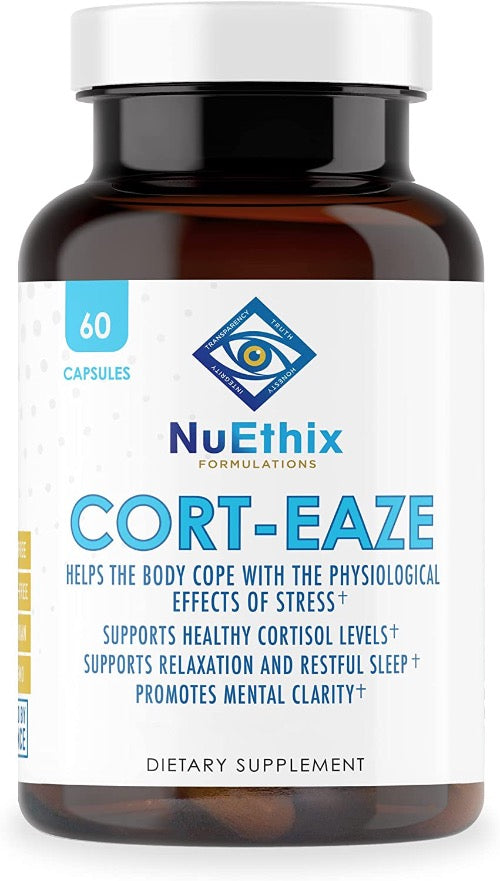 NuEthix Formulations Cort-Eaze helps the body cope with the physiological effects of stress*, supports healthy cortisol levels*, supports relaxation and restful sleep*, promotes mental clarity*, may reduce anxiety or nervous energy* - dietary supplement - 60 capsules