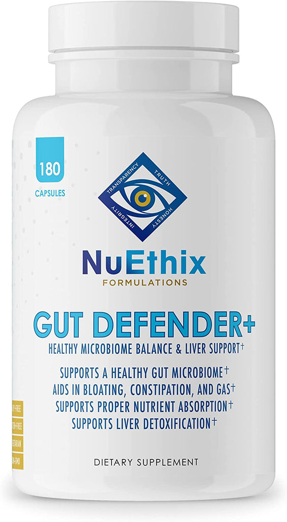 NuEthix Formulations Gut Defender+ - Healthy Microbiome Balance and Liver Support* - Supports a healthy gut microbiome* | Aids in occasional bloating, constipation, and gas* | Supports proper nutrient absorption* | Supports liver detoxification* - dietary supplement - 180 capsules