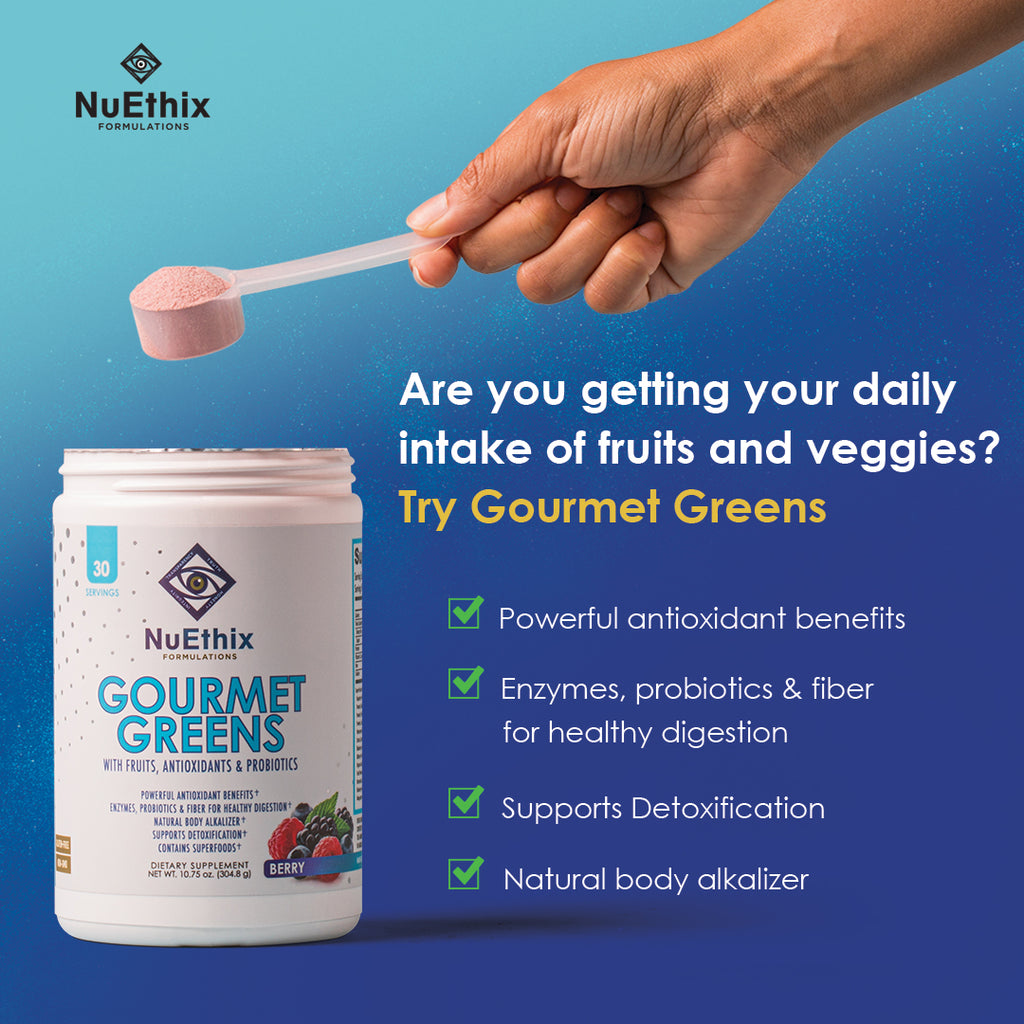 Are you getting your daily intake of fruits and veggies? Try Gourmet Greens: Powerful antioxidant benefits* | Enzymes, probiotics and fiber for healthy digestion* | Supports Detoxification* | Natural body alkalizer*