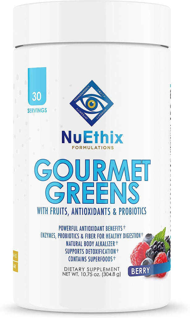 NuEthix Formulations Gourmet Greens with Fruit, Antioxidants and Probiotics - Powerful antioxidant benefits* | Enzymes, probiotics and fiber for healthy digestion* | Natural body alkalizer* | Supports Detoxification* | Contains Superfoods* - dietary supplement, 10.75 oz, berry flavor