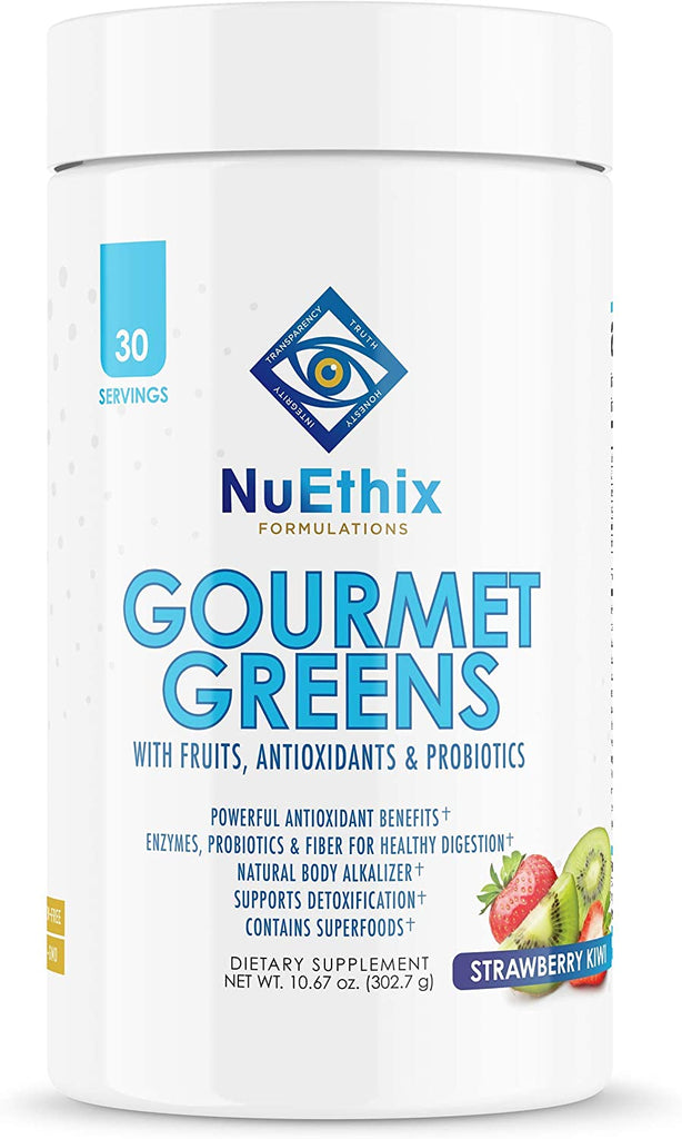 NuEthix Formulations Gourmet Greens with Fruit, Antioxidants and Probiotics - Powerful antioxidant benefits* | Enzymes, probiotics and fiber for healthy digestion* | Natural body alkalizer* | Supports Detoxification* | Contains Superfoods* - dietary supplement, 10.67 oz, strawberry kiwi flavor