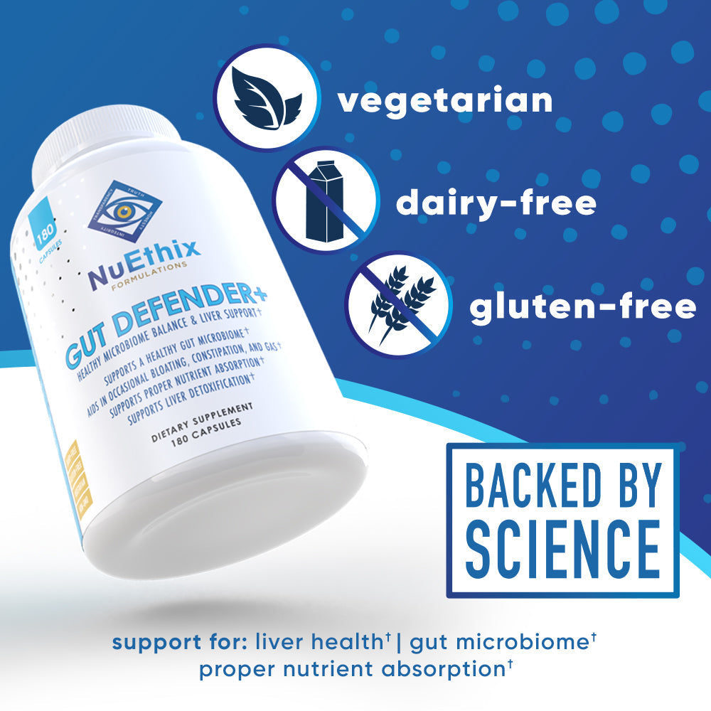 NuEthix Formulations Gut Defender+ is vegetarian, dairy free, gluten free. Support for: liver health* | gut microbiome* | proper nutrient absorption* - Backed By Science